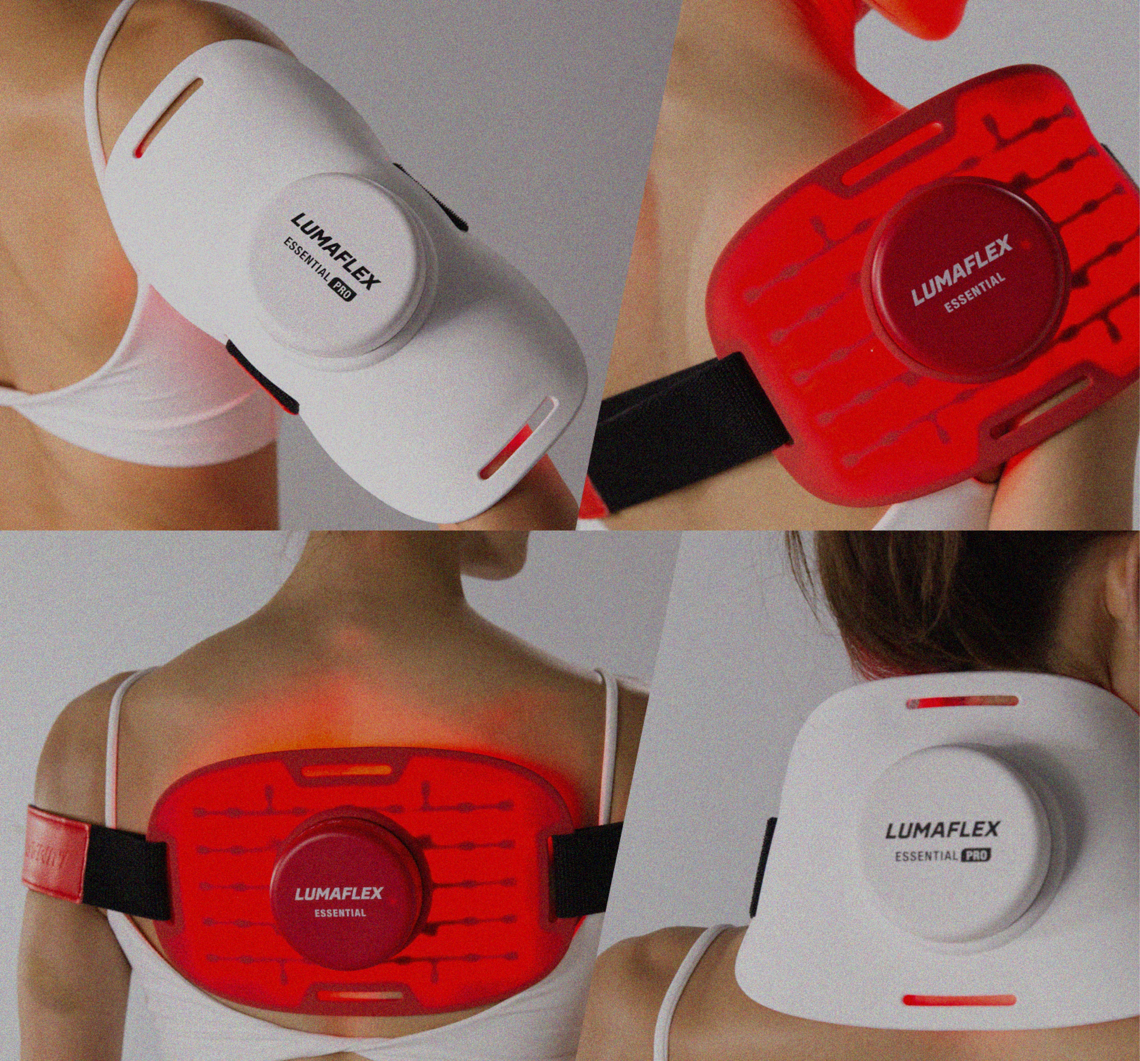 Lumaflex muscle stimulators in red and white on a person's back and arm.