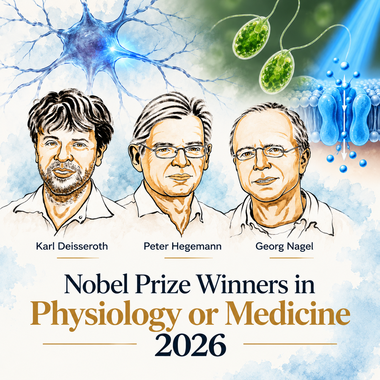 Illustrated portraits of Karl Deisseroth, Peter Hegemann, and Georg Nagel, the 2026 Nobel Prize in Physiology or Medicine laureates recognized for discoveries related to optogenetics and light-sensitive ion channels