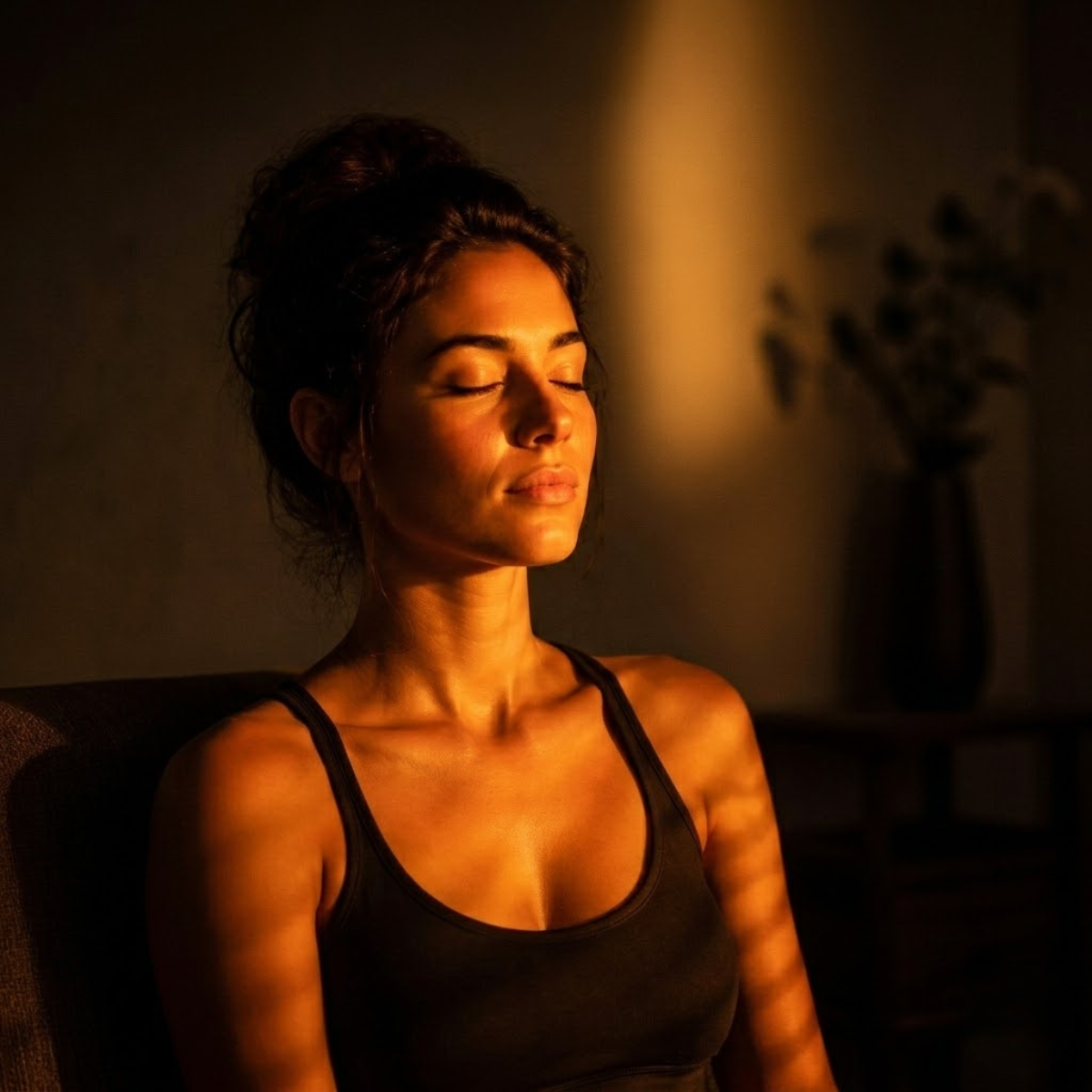 A meditating woman in a calm, warm room. Golden sunlight filters through blinds, casting patterned shadows.