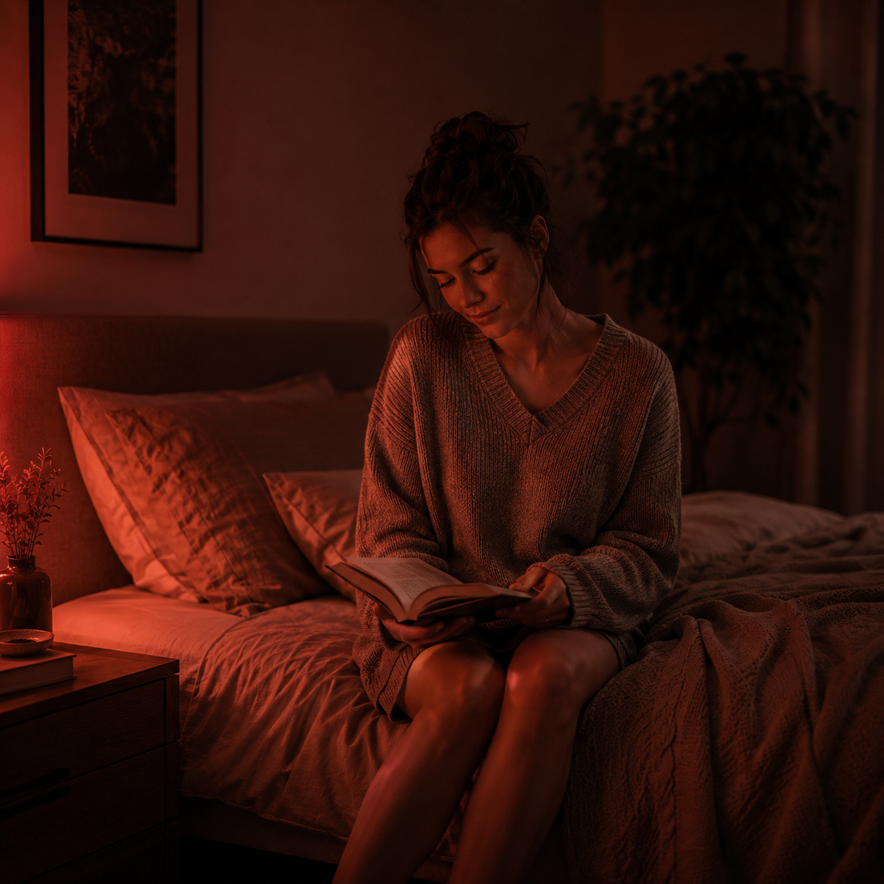 Adult relaxing in dim red ambient lighting as part of a calming nighttime routine before sleep.