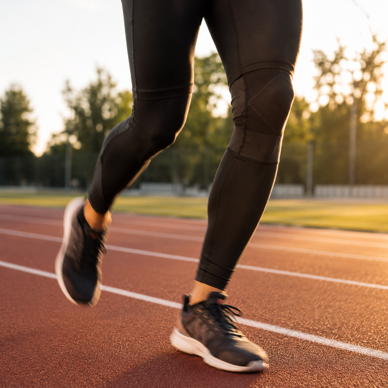 Runner with knee brace mid-stride on outdoor track during ACL recovery