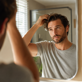 Man in bathroom mirror engaging in daily grooming routine with calm, confident expression reflecting hair care lifestyle