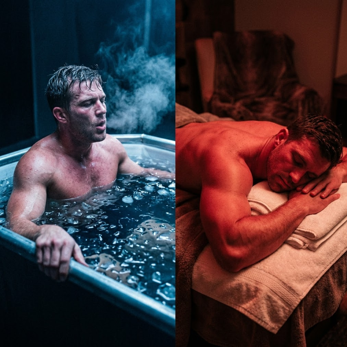 Cryotherapy ice bath and warm red light for muscle recovery