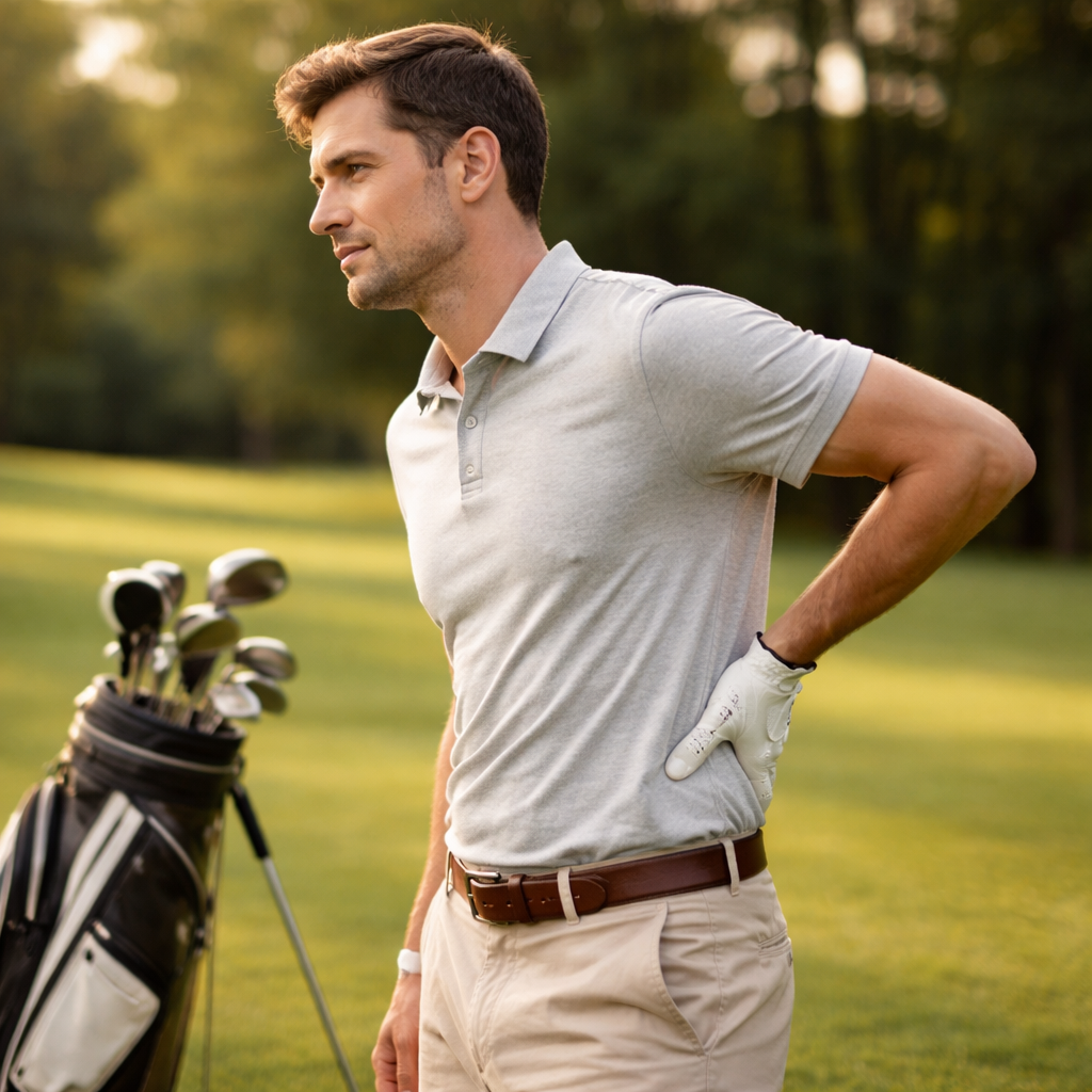 Golfer holding lower back on course suggesting mild strain or stiffness after play