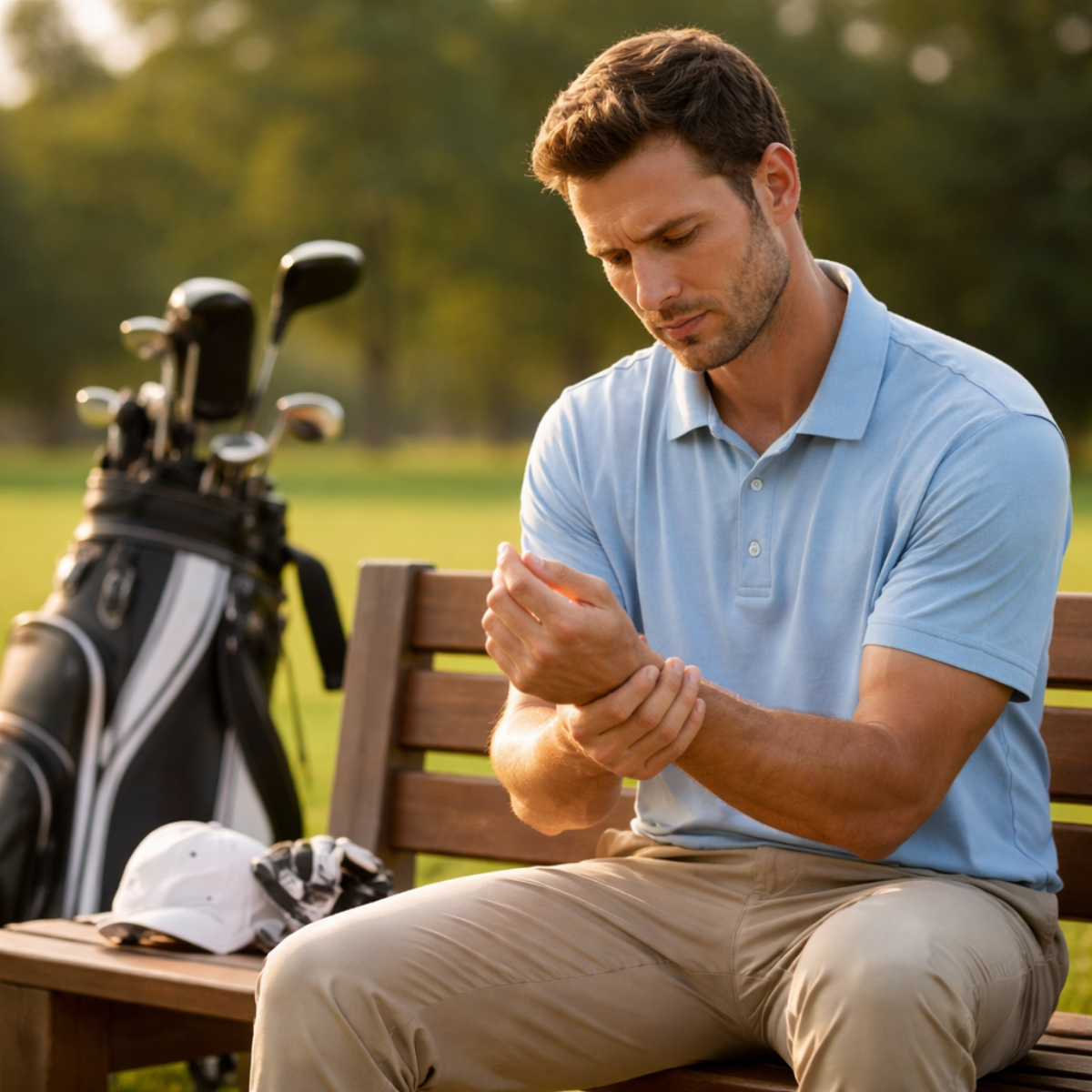 Golfer checking wrist after round with mild discomfort