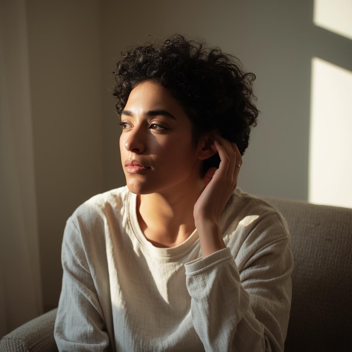 Person experiencing tinnitus symptoms while considering red light therapy device