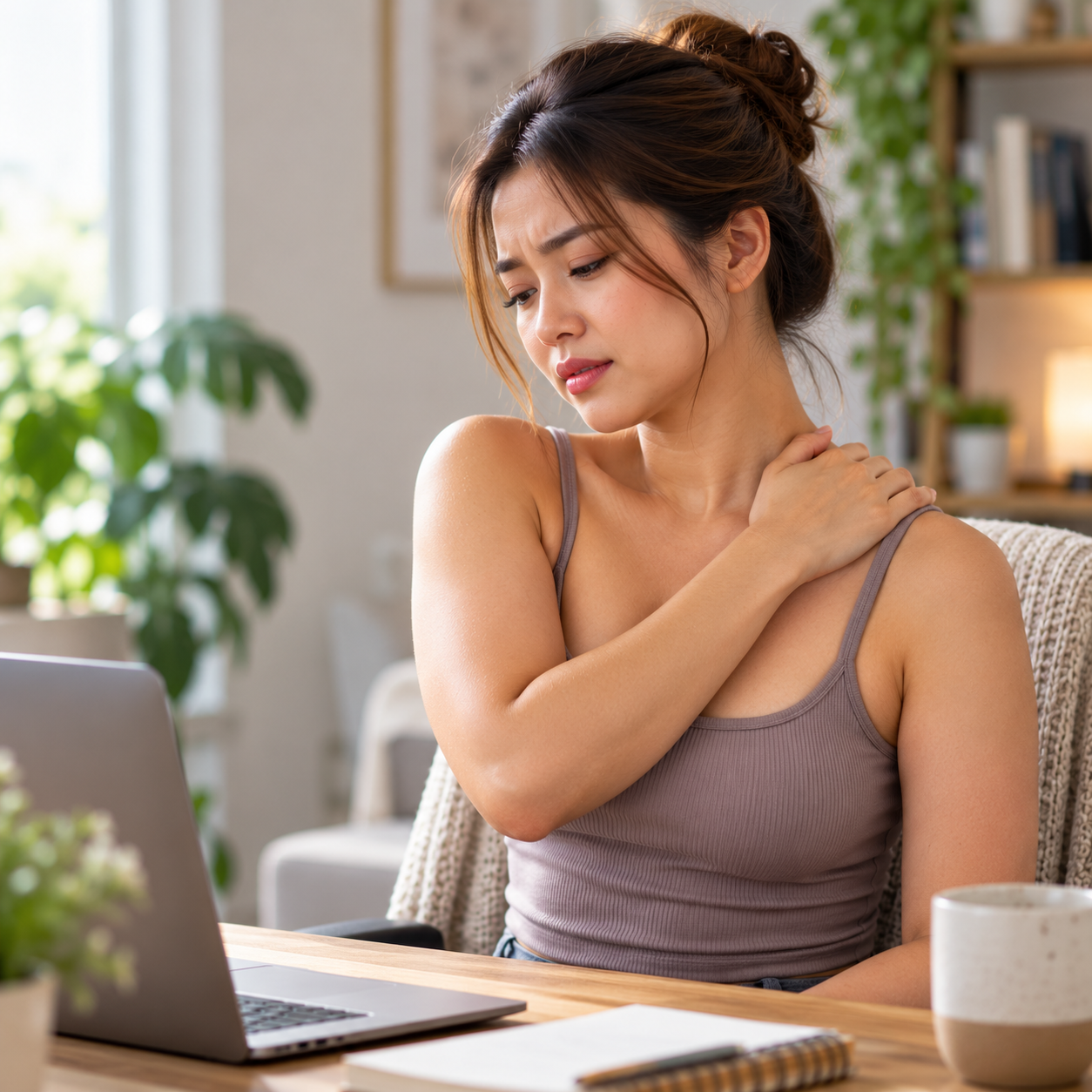 Woman gently holding her upper trapezius while seated at a home workspace, illustrating neck and shoulder muscle discomfort associated with myofascial pain