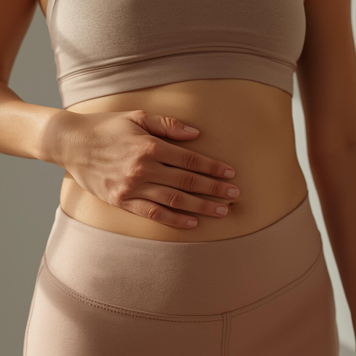 Close-up of relaxed midsection representing realistic red light therapy stomach before and after results