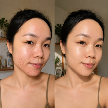  woman comparing her acne before and after a documented 60-day skincare routine that included red light therapy, showing healthier-looking skin in natural light