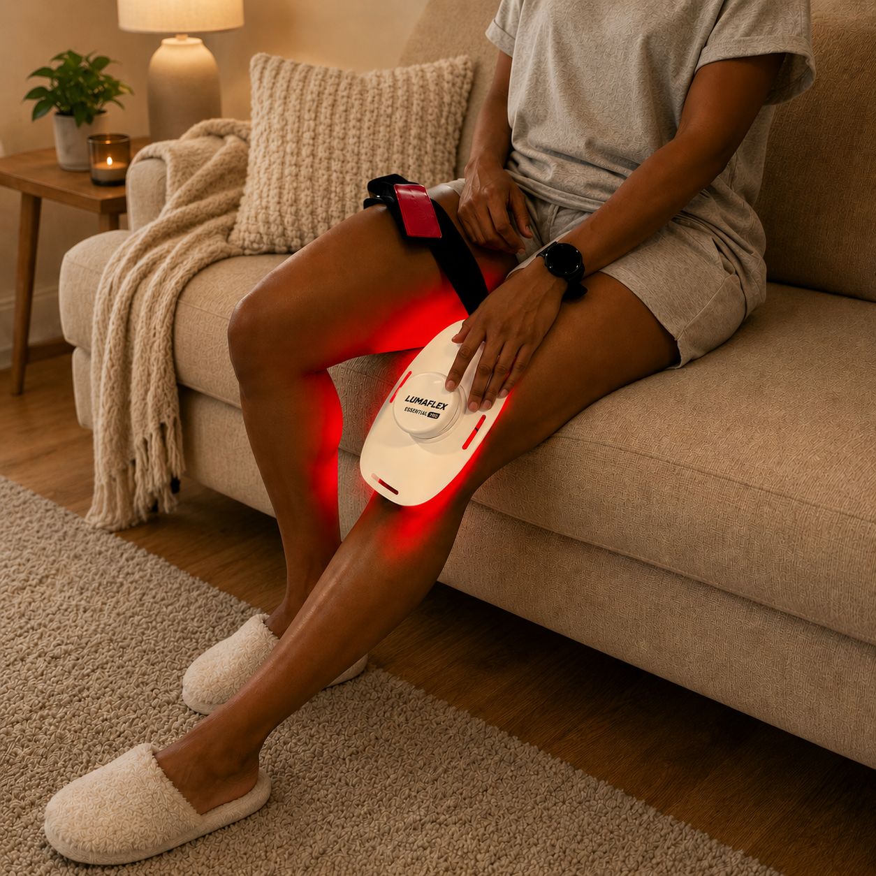 Woman using a red light therapy device on a thigh bruise at home during a 30-day bruise healing case study