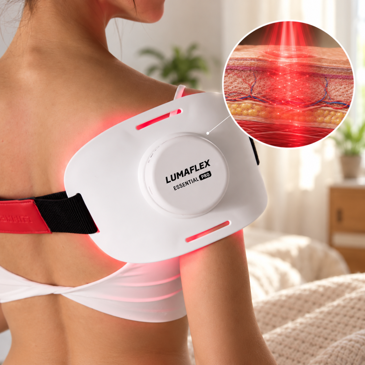 Woman using the Lumaflex Essential Pro red light therapy device on her shoulder, with an inset illustration showing red light scattering through the skin’s layers into deeper tissue