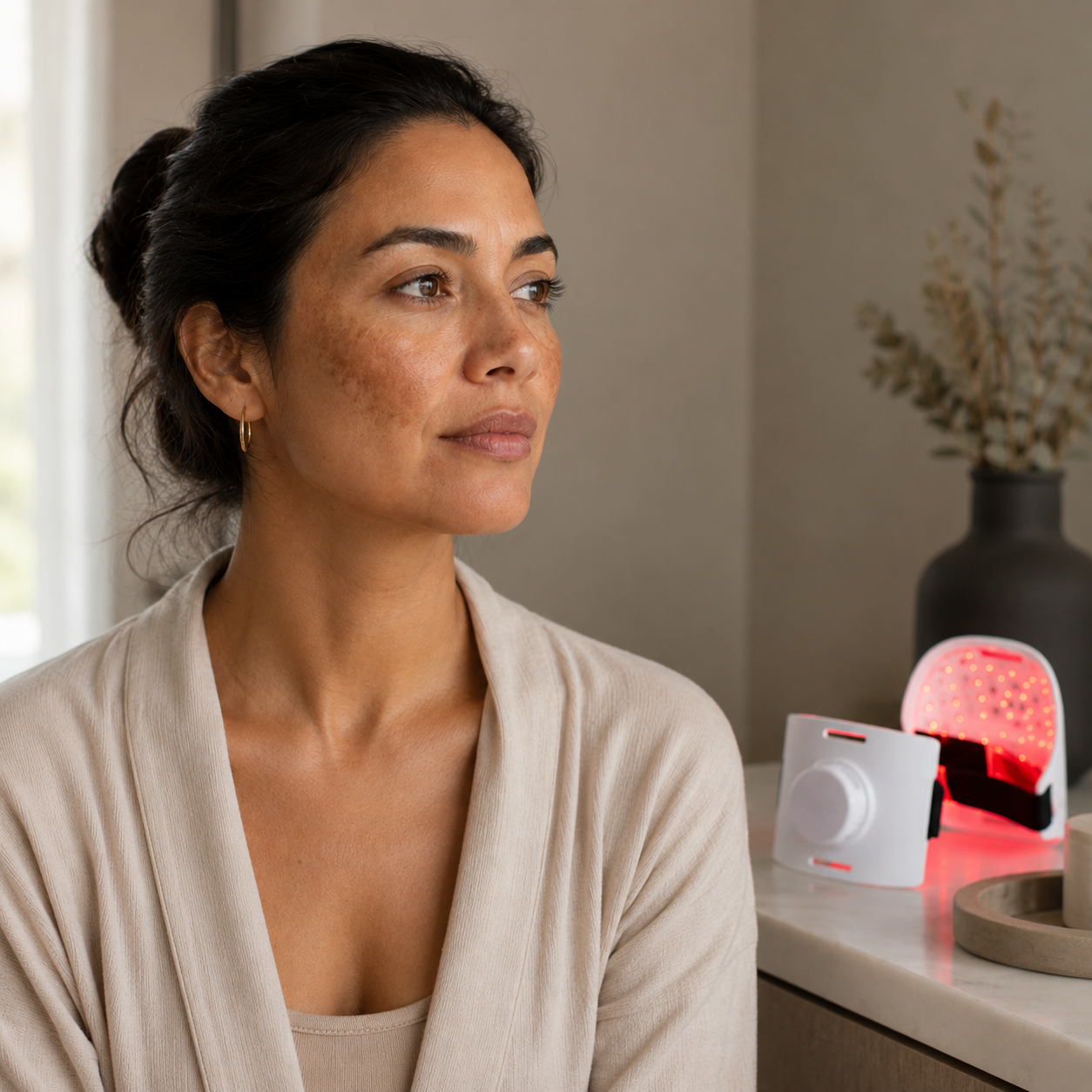 Adult woman with subtle melasma beside a red light therapy device in a home skincare setting