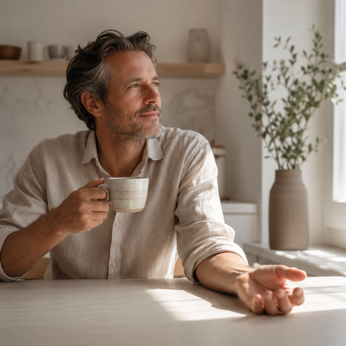 Middle-aged adult sitting at a kitchen table in morning light with wrist resting open, calm and relaxed expression