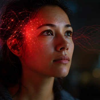 Person showing focused concentration with subtle light representing brain activity