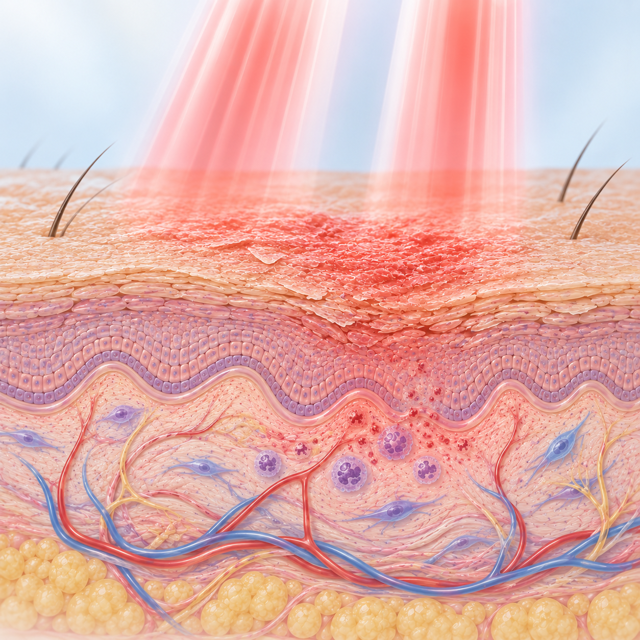 Illustration of red and near-infrared light reaching eczema-affected skin