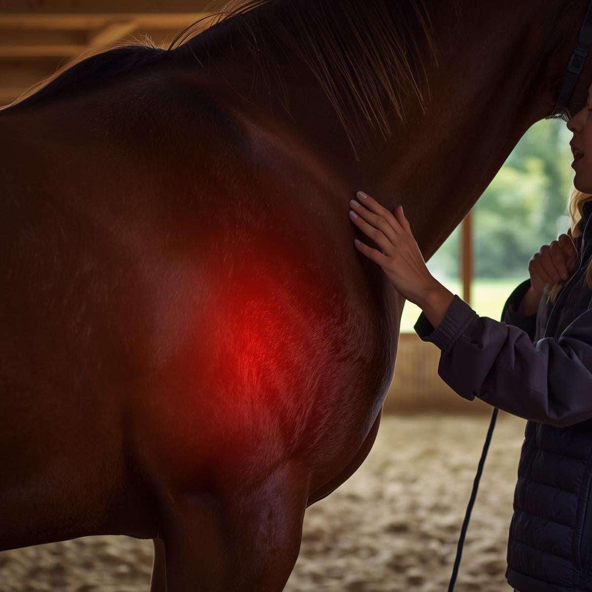 Red light therapy for horses shown as a soft red glow on a horse’s leg with the owner nearby in a stable setting