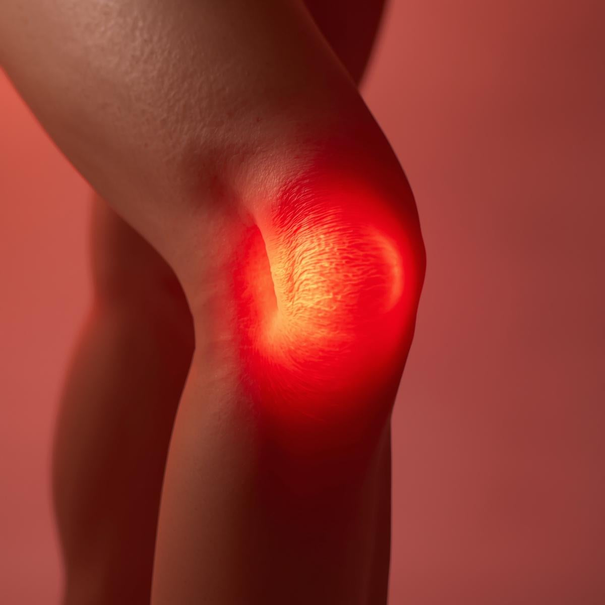 Close-up of knee illuminated by red light therapy device for joint pain relief