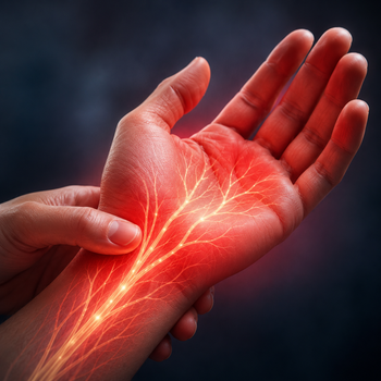  Hand receiving red light therapy with subtle visualization of nerve recovery pathways