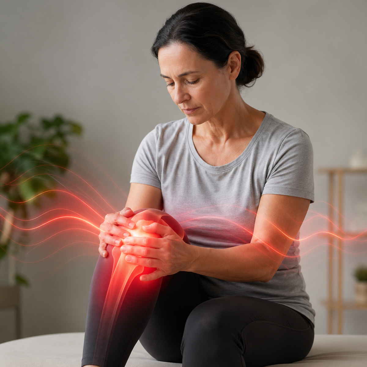 Person in a calm clinical setting experiencing pain relief with abstract light waves representing red light therapy interacting with the body