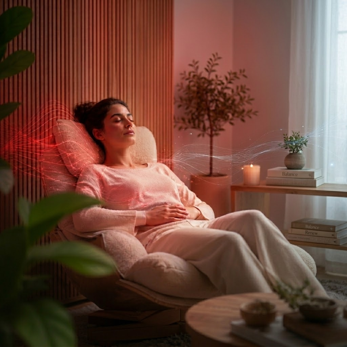 A calm wellness scene showing a person in a recovery environment with soft red light ambiance and abstract healing energy fields representing two therapy options.