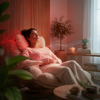 A calm wellness scene showing a person in a recovery environment with soft red light ambiance and abstract healing energy fields representing two therapy options.
