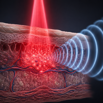 Scientific illustration of red and near-infrared light entering tissue alongside acoustic sound waves, representing research into combined light and sound therapy