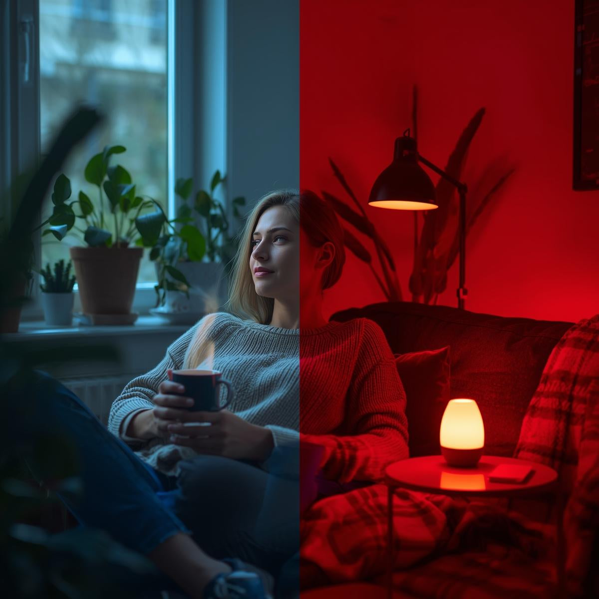 Lifestyle scene of a person at home using morning red light therapy and red light therapy at night, blending sunrise and evening wellness routines.