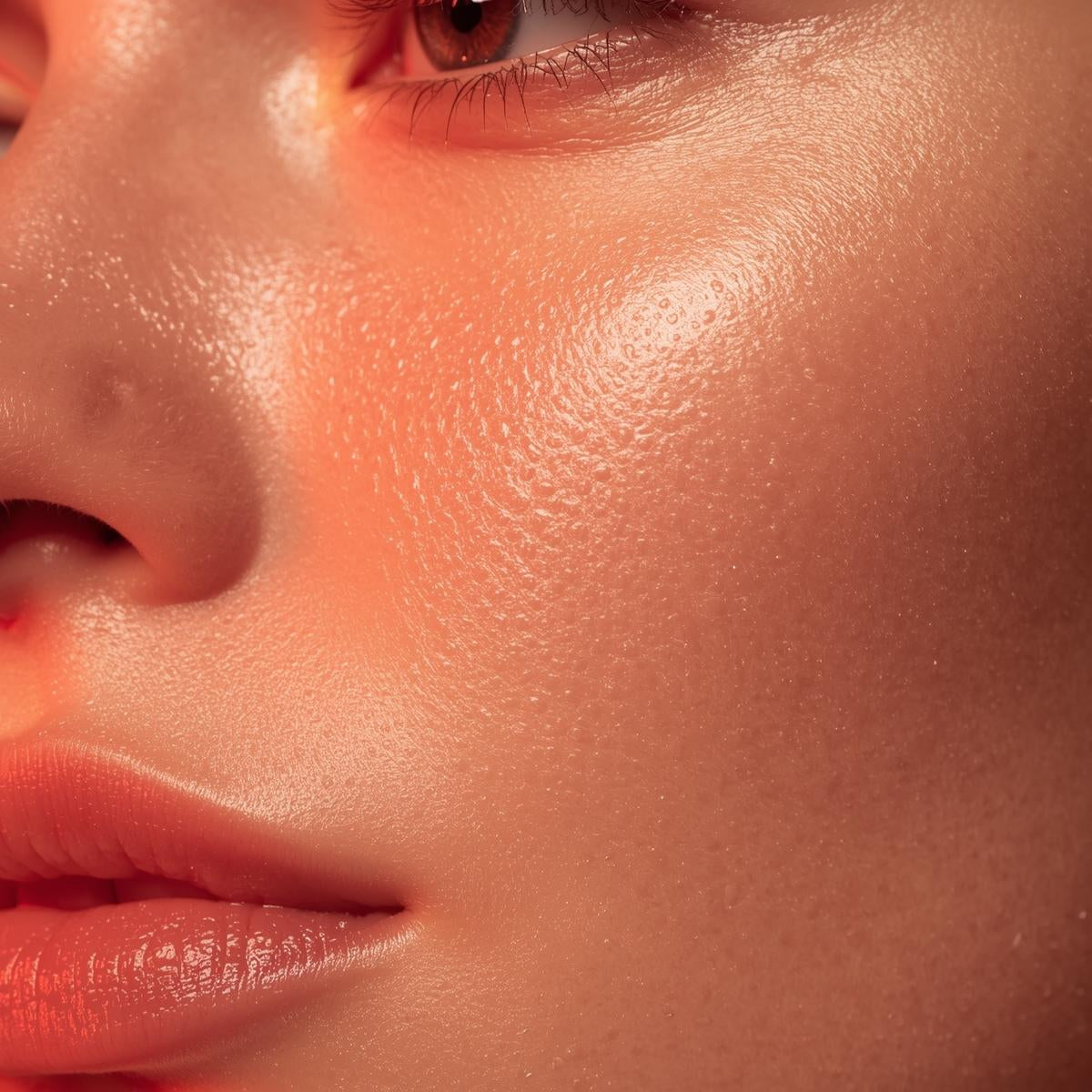 Facial skin illuminated by red light for skin therapy