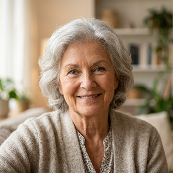 Elderly woman smiling warmly, representing hope and quality of life for people living with Parkinson's disease
