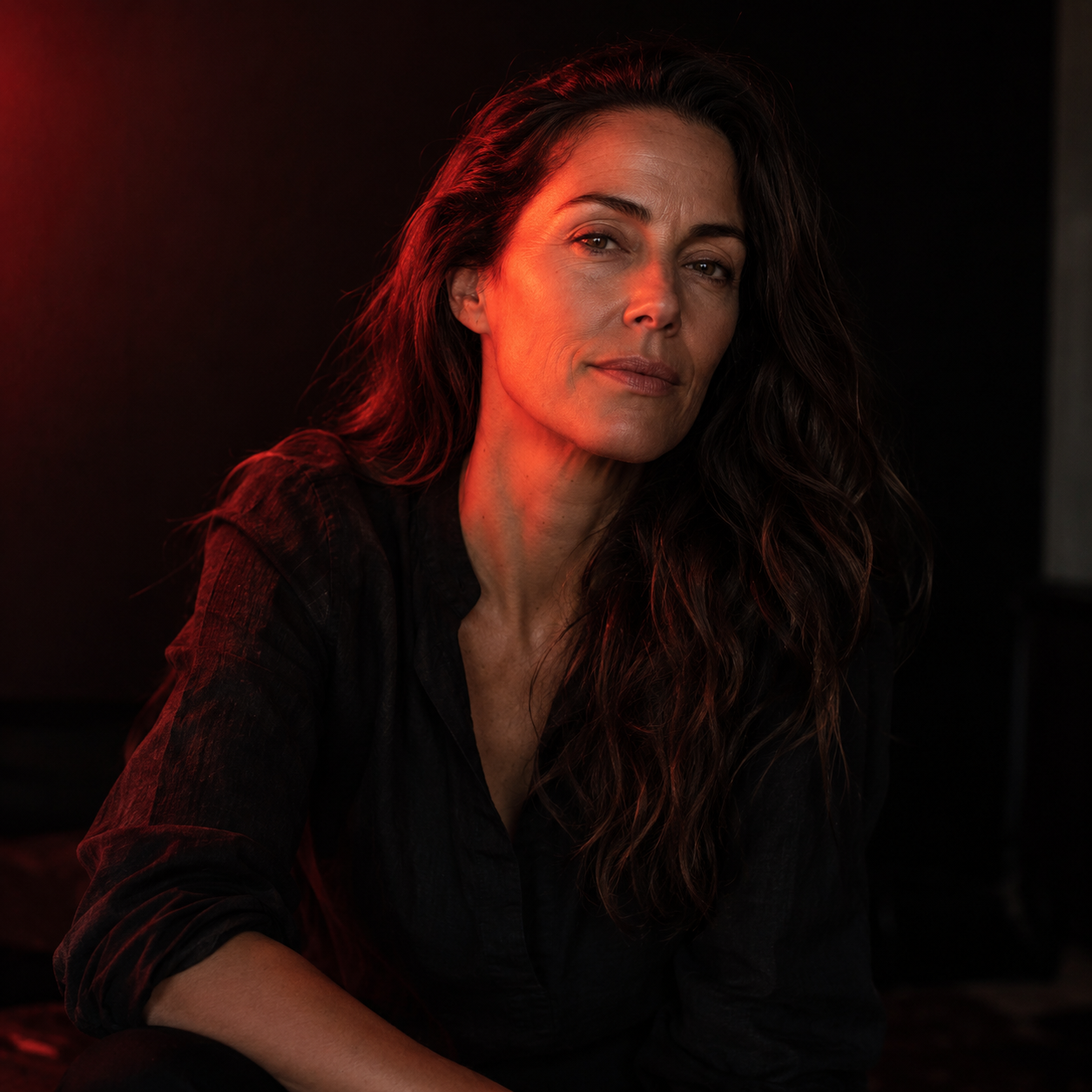 Woman in her 40s with warm red-toned light on her face, representing confidence and self-care during perimenopause