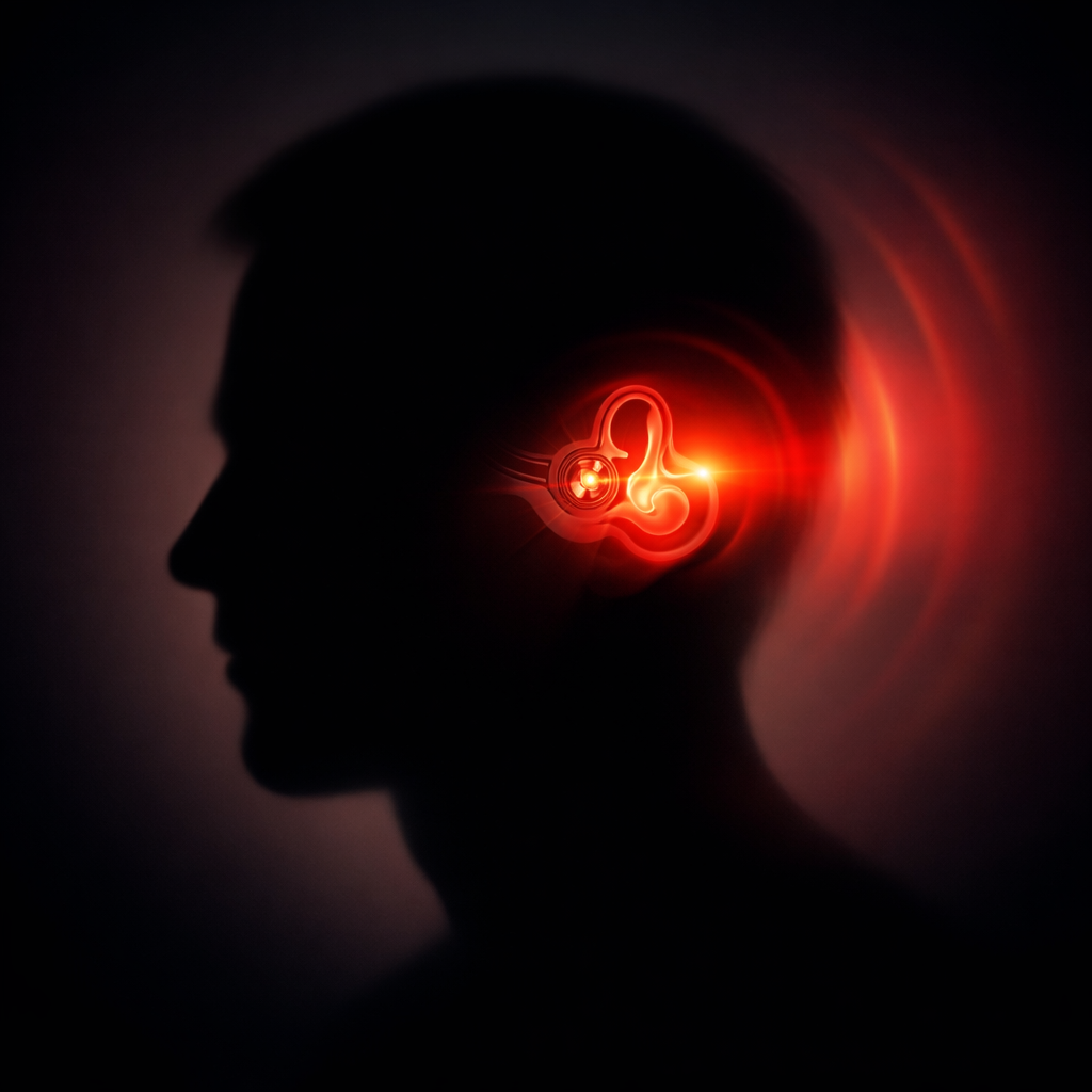 Abstract silhouette with highlighted inner ear and red light gradient representing vertigo and light therapy research