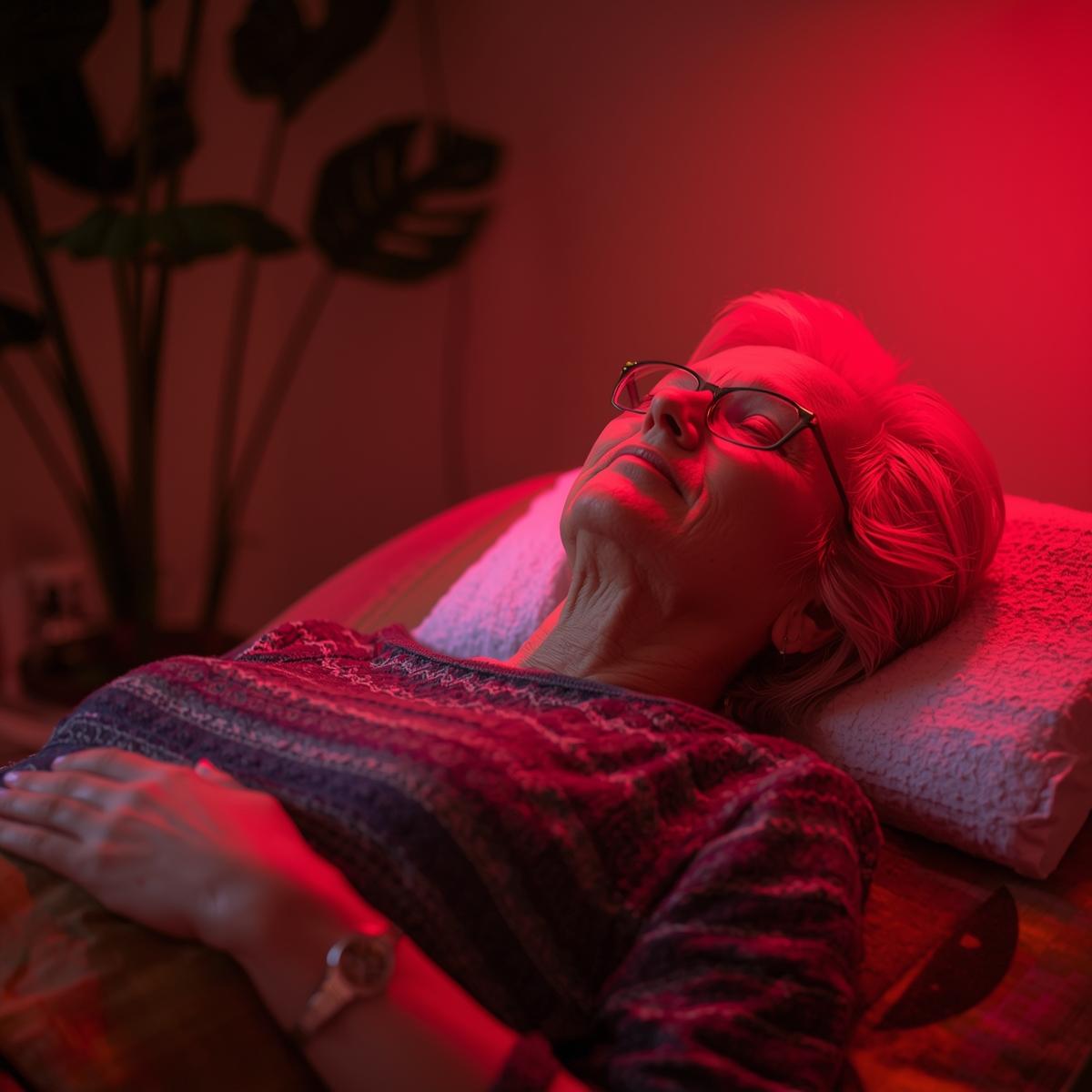 Older adult using a red light therapy device during a light therapy session