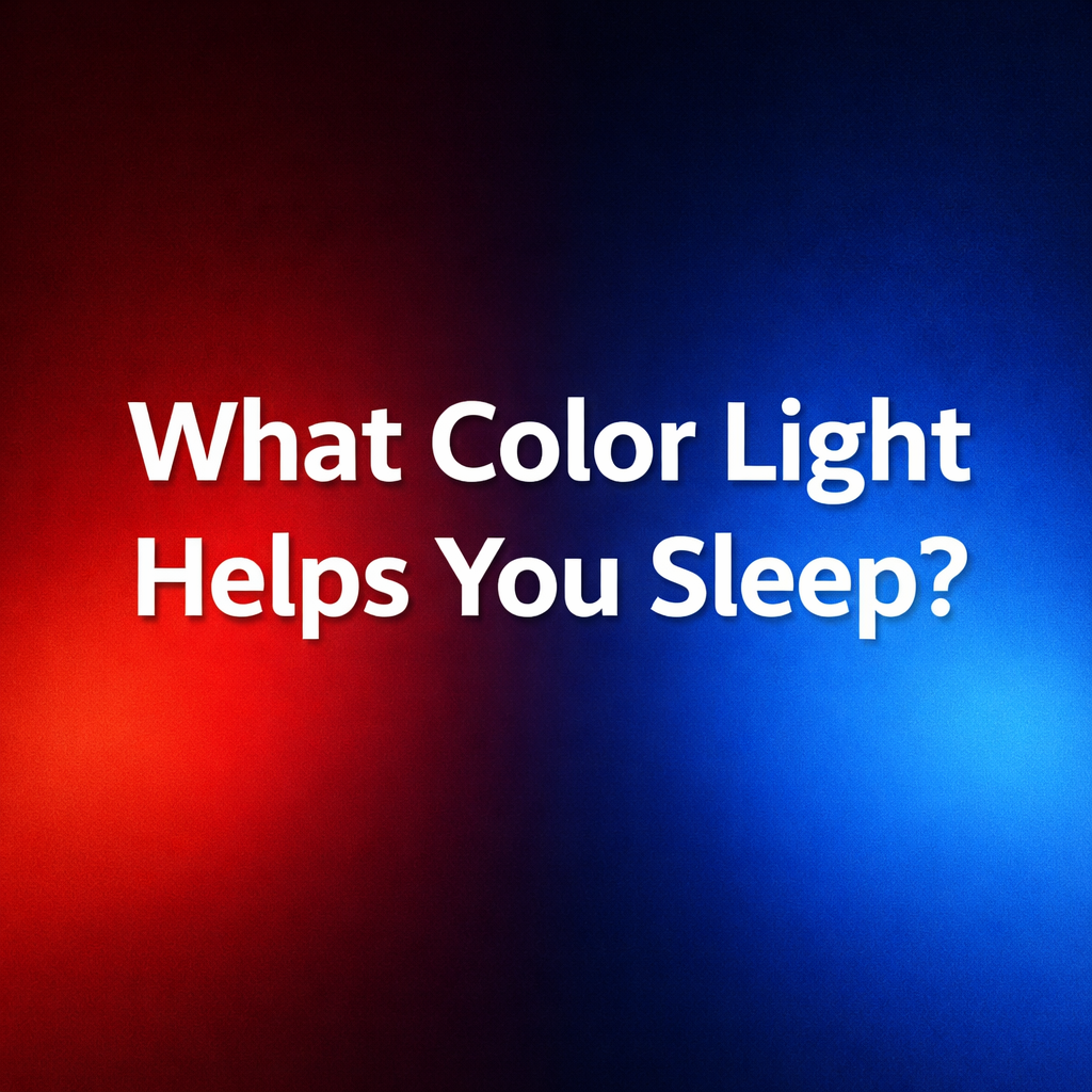 Red and blue light split image representing sleep-friendly and sleep-disruptive light