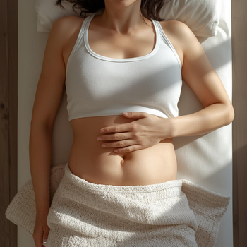 Person resting with hand on abdomen representing relaxation and lymphatic wellness