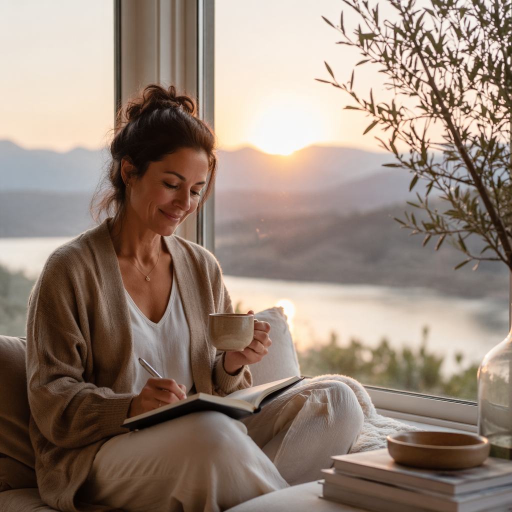 Person practicing a calm morning wellness routine in natural sunlight