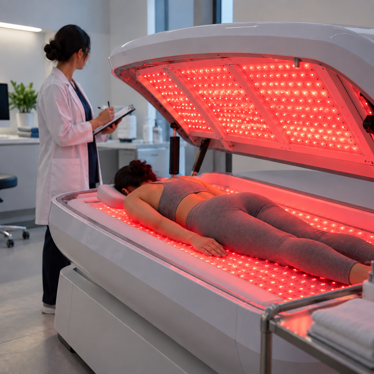 Adult participant lying face down in an open whole-body photobiomodulation device while a clinician records observations in a clinical setting