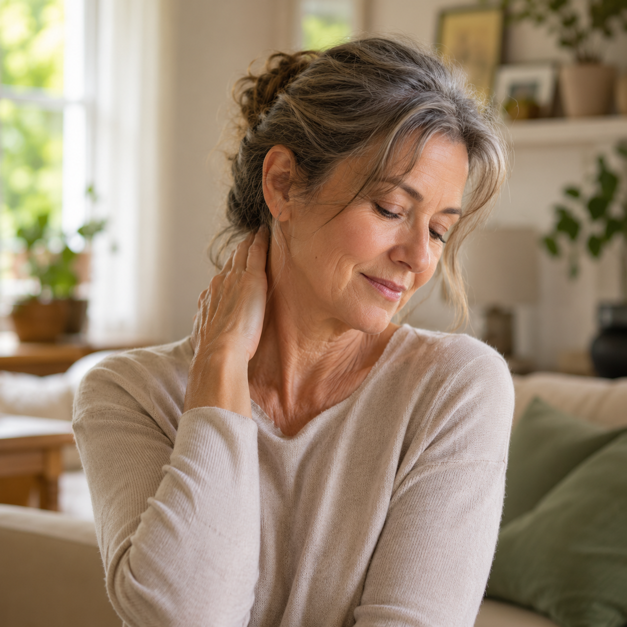 Woman experiencing relief from neck and shoulder discomfort during at-home recovery