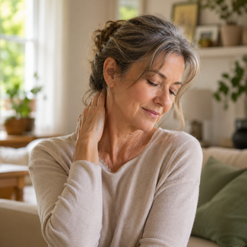 Woman experiencing relief from neck and shoulder discomfort during at-home recovery