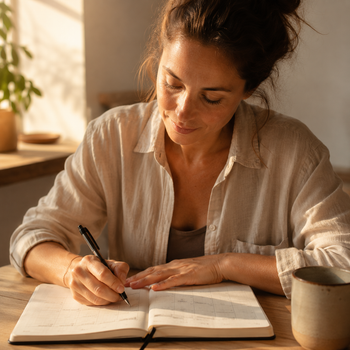  Woman writing a weekly red light therapy schedule in a journal at a wooden table with morning light