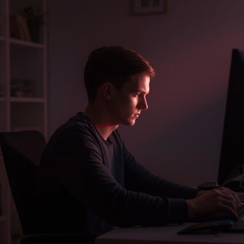 Person concentrating at a desk with soft red light suggesting brain photobiomodulation