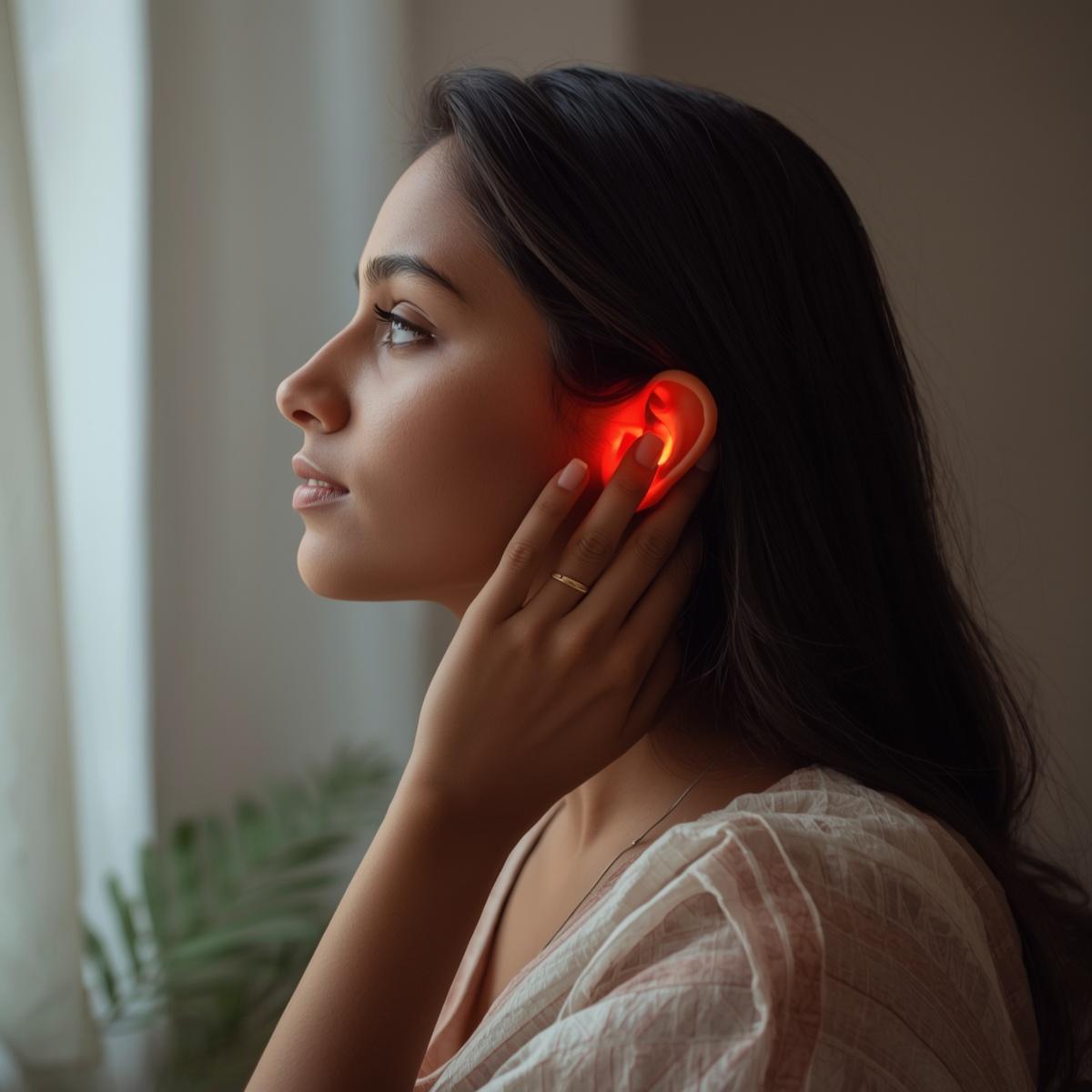 Person applying red light near the ear to illustrate photobiomodulation for hearing research