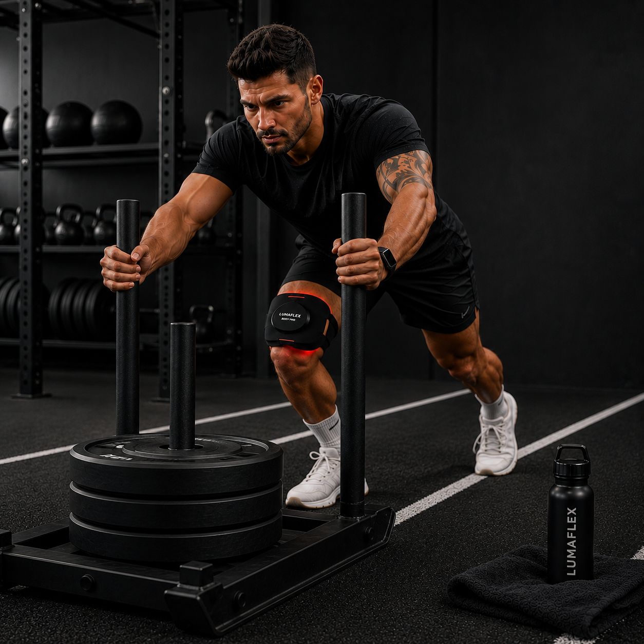 Athlete performing a weighted sled push in a gym while wearing a Lumaflex Body Pro device on his thigh