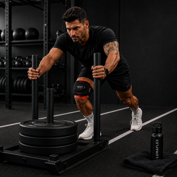 Athlete performing a weighted sled push in a gym while wearing a Lumaflex Body Pro device on his thigh