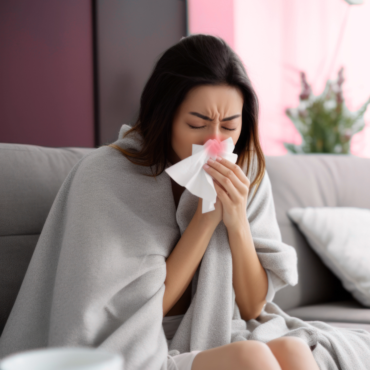 woman on a couch needing flu relief