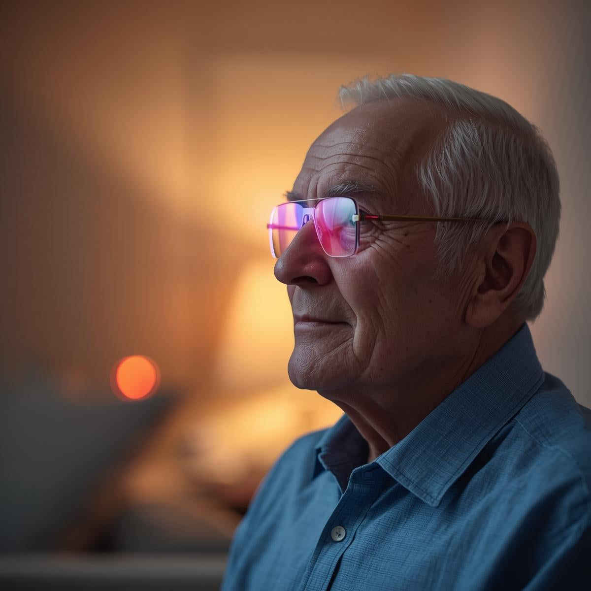 Older adult using a portable red light therapy device on face and joints at home
