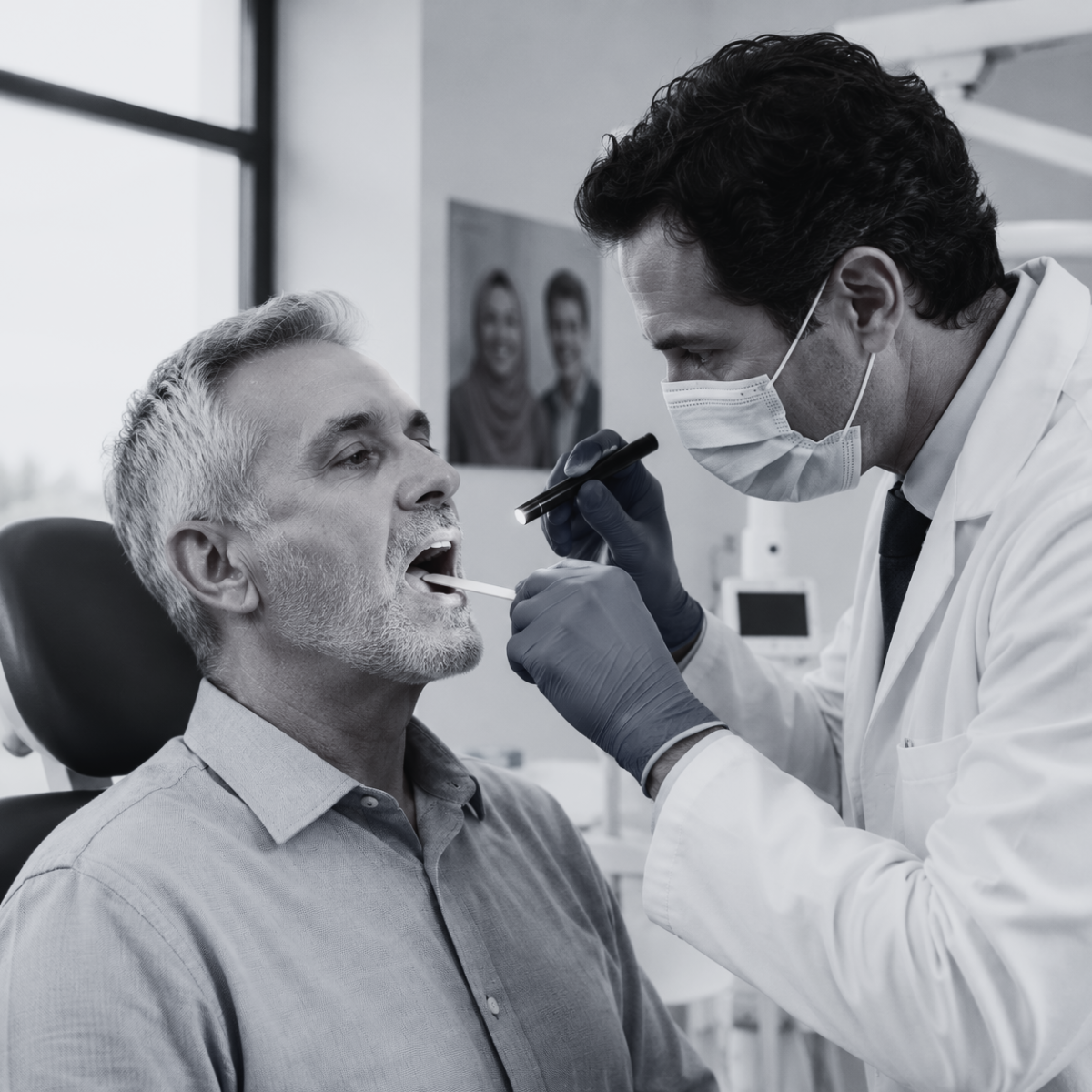 Oral oncologist performing a routine mouth examination during cancer care
