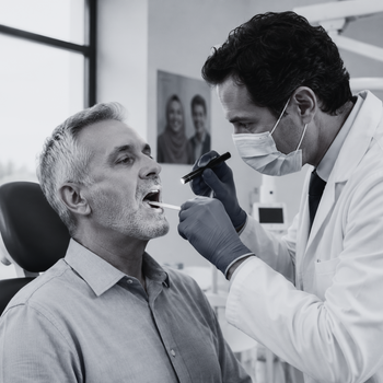 Oral oncologist performing a routine mouth examination during cancer care