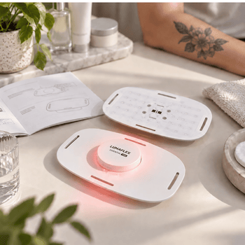 Portable red and near-infrared light therapy device shown with usage instructions near healed tattooed skin