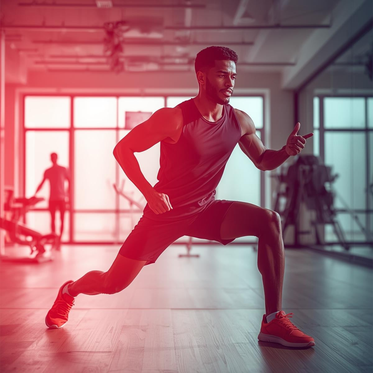 Athlete performing a low-intensity full-body active recovery routine with visual red and near-infrared light effects, symbolizing enhanced muscle recovery and mobility