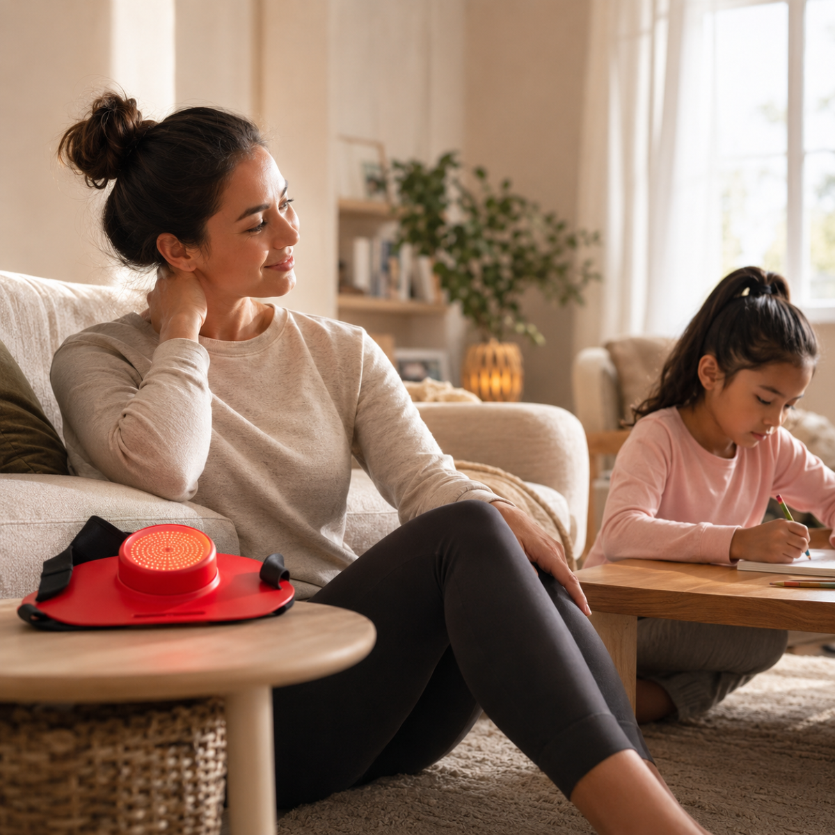 A mother and child in a home setting with a subtle red-light glow between them, representing shared PBM technology and different family routines.